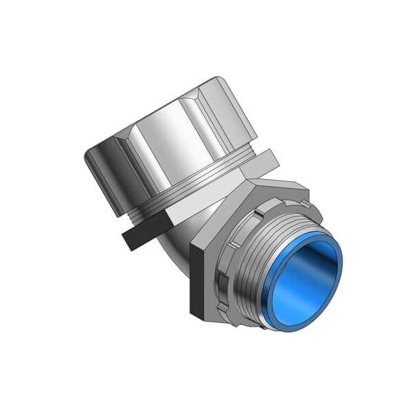Eine 3D-Darstellung eines metallischen Rohrbogen-Fitting mit Gewindeende, konzipiert für die Verbindung von Rohren in einem 45-Grad-Winkel.