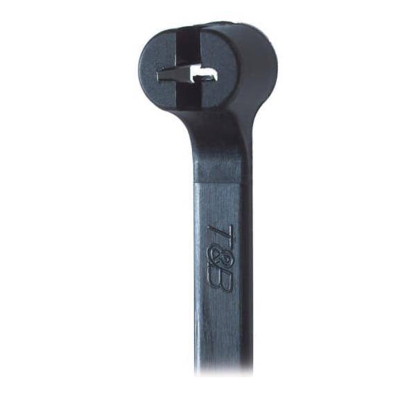 Eine schwarze Kabelbinder, geprägt mit 'T&B', mit einem Verschlussmechanismus am oberen Ende.