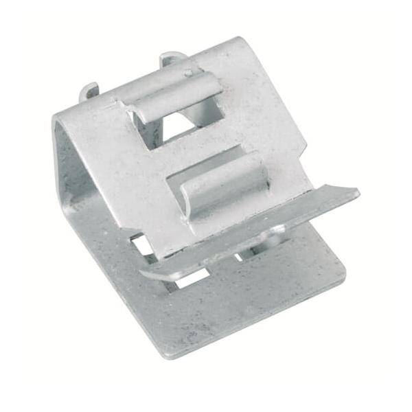 Eine Metallklammer mit rechteckiger Basis und zwei gebogenen Laschen für eine sichere Befestigung oder Befestigungsfunktion.