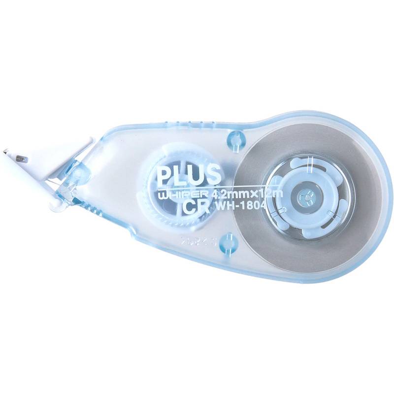 Ein transparenter Korrekturband-Spender mit weißem Band im Inneren, beschriftet mit 'PLUS WHIPER 4.2mmx12m WH-1804'.