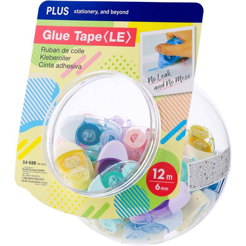 Ein kreisförmiger Behälter mit bunten Klebefilmabrollern, die mit „Glue Tape(LE)