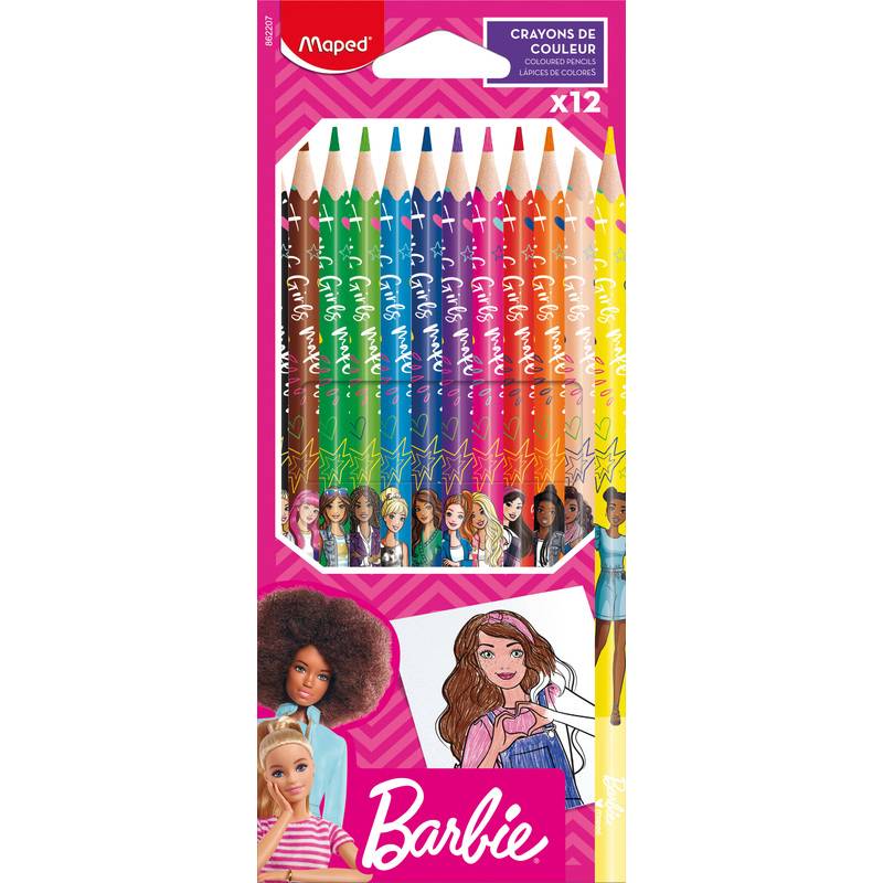 Packung mit 12 Barbie-Buntstiften in verschiedenen Farben, mit Barbie-Branding und Charakterillustrationen auf rosafarbener Verpackung.