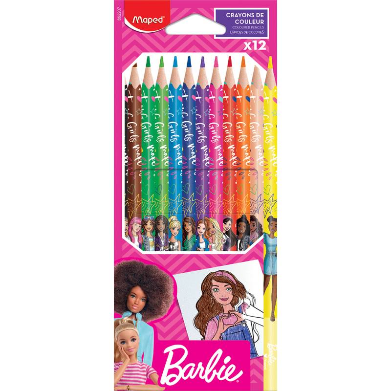 Packung mit 12 Barbie-Buntstiften in einer rosa Maped-Verpackung, mit Regenbogenstiften und Barbie-Charakteren auf der Vorderseite.