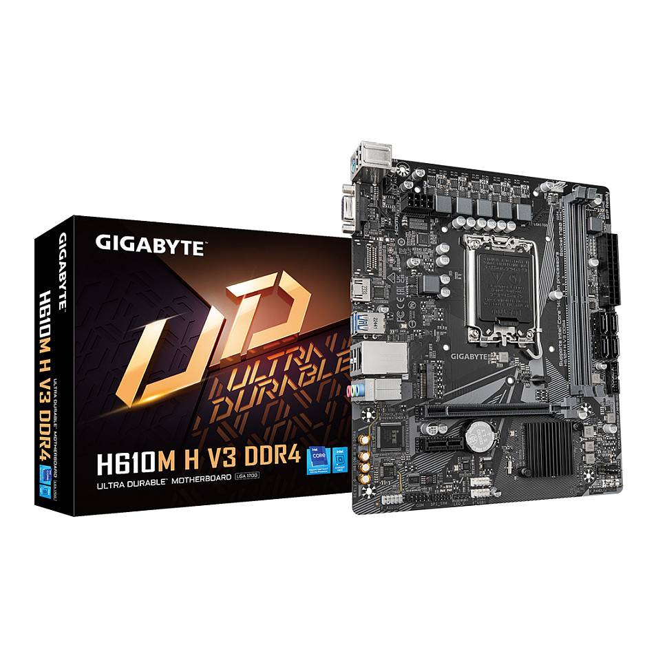 Gigabyte H610M H V3 DDR4 Motherboard neben seiner Verpackung. Die Verpackung hebt das Branding „Ultra Durable