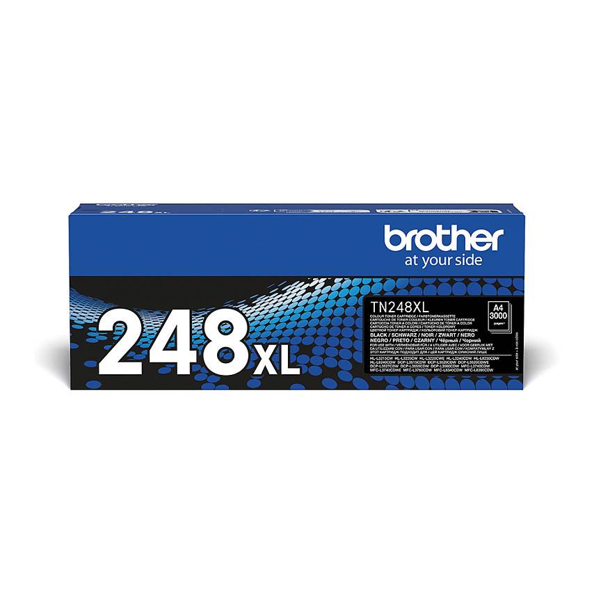 Originalverpackung für Tonerpatrone 'Brother TN248XL' mit hoher Ergiebigkeit, überwiegend blau mit weißen und schwarzen Akzenten. Entwickelt für Laserdrucker.