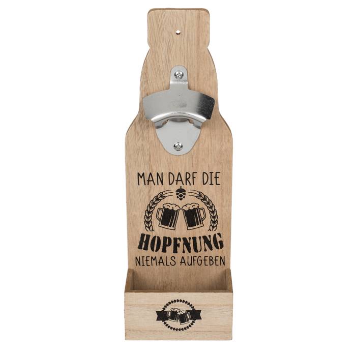 Metall Flaschenöffner auf Holzbrett mit Spruch "Man darf die Hopfnung niemals aufgeben"