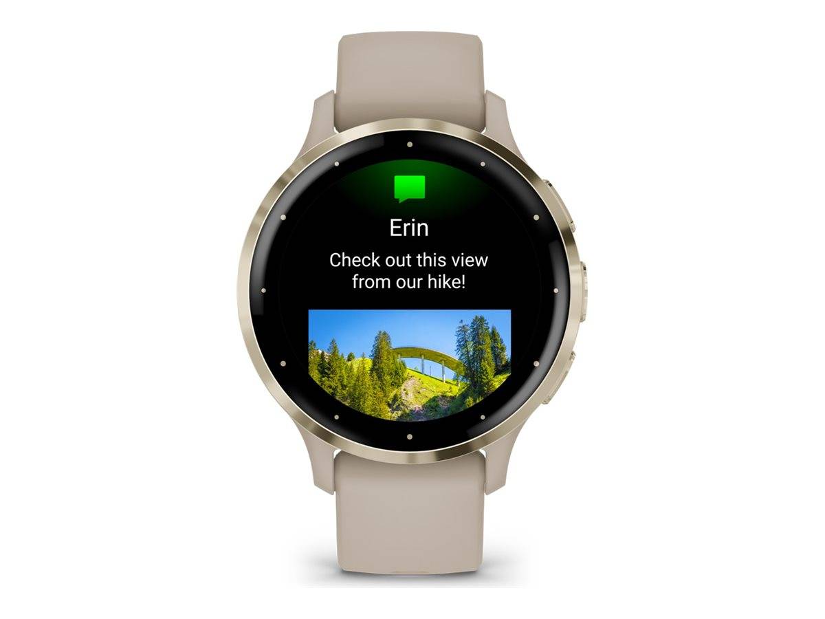 Smartwatch-Bildschirm mit einer Nachricht von Erin: „Schau dir diese Aussicht von unserer Wanderung an!