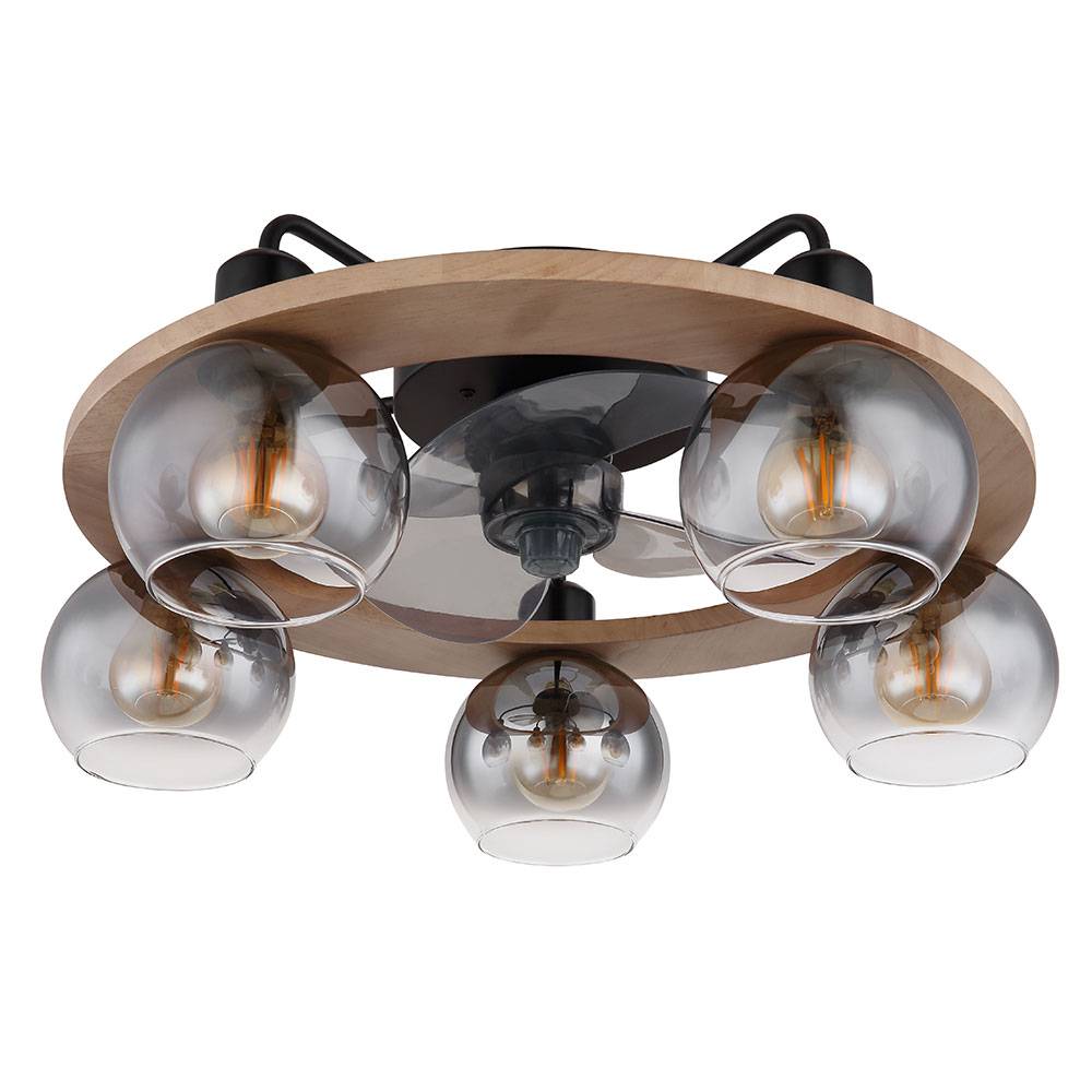 Deckenventilator mit Fernbedienung Deckenleuchte Holz Ventilator Ventilatorlampe Retro Rauchglas, Metall Glas, 5x E27, DxH 55x21,5 cm