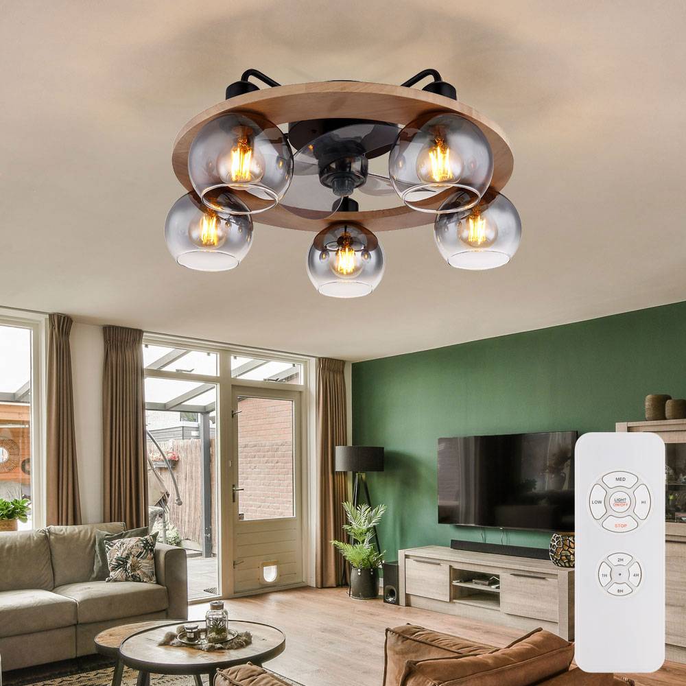Deckenventilator mit Fernbedienung Deckenleuchte Holz Ventilator Ventilatorlampe Retro Rauchglas, Metall Glas, 5x E27, DxH 55x21,5 cm