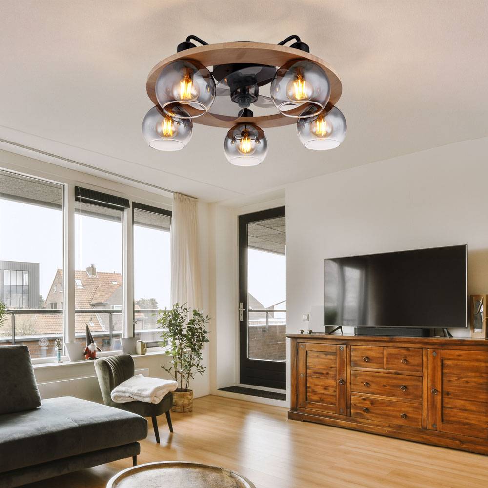 Deckenventilator mit Fernbedienung Deckenleuchte Holz Ventilator Ventilatorlampe Retro Rauchglas, Metall Glas, 5x E27, DxH 55x21,5 cm