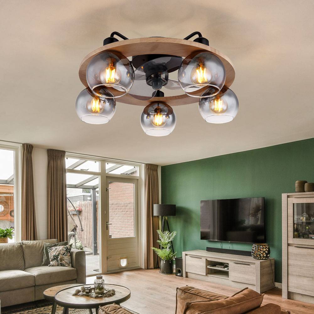 Deckenventilator mit Fernbedienung Deckenleuchte Holz Ventilator Ventilatorlampe Retro Rauchglas, Metall Glas, 5x E27, DxH 55x21,5 cm