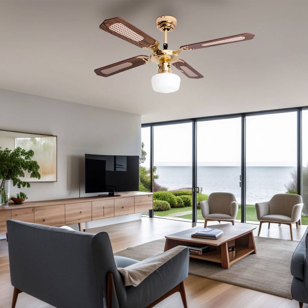 Deckenventilator Deckenlampe mit Ventilator Esszimmer Raumkühler Lüfter mit Glasschirm, Vor-Rücklauf, Metall MDF, 1x E27, D 105 cm