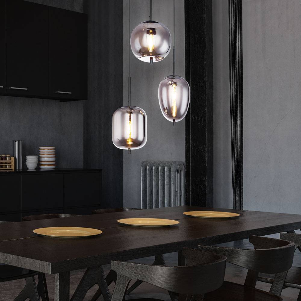 Hängeleuchte Wohnzimmer Pendellampe Designleuchte Esstischlampe 3-flammig, Glas rauch, 3x E14, DxH 46x120 cm