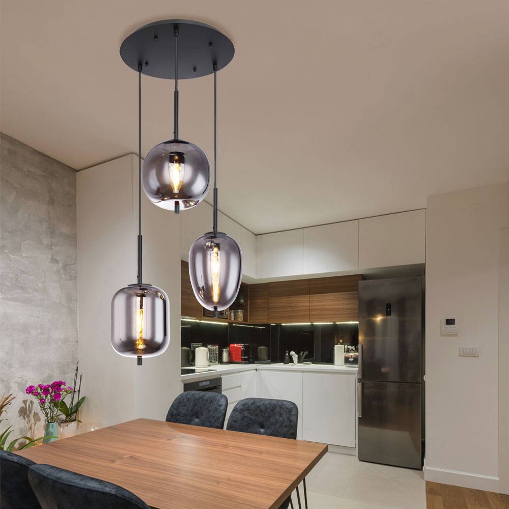 Hängeleuchte Wohnzimmer Pendellampe Designleuchte Esstischlampe 3-flammig, Glas rauch, 3x E14, DxH 46x120 cm