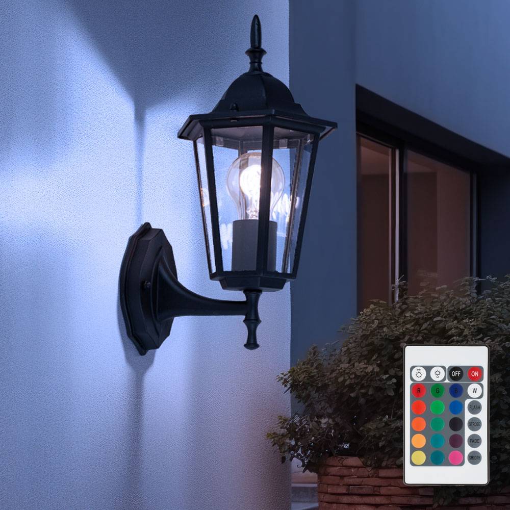 Außenlampe Wand Wandleuchte Außen Glas Außen Wandlaterne schwarz, Aluminium, Fernbedienung dimmbar, 1x RGB LED 8,5W 806Lm warmweiß, LxH 17,3x33,6