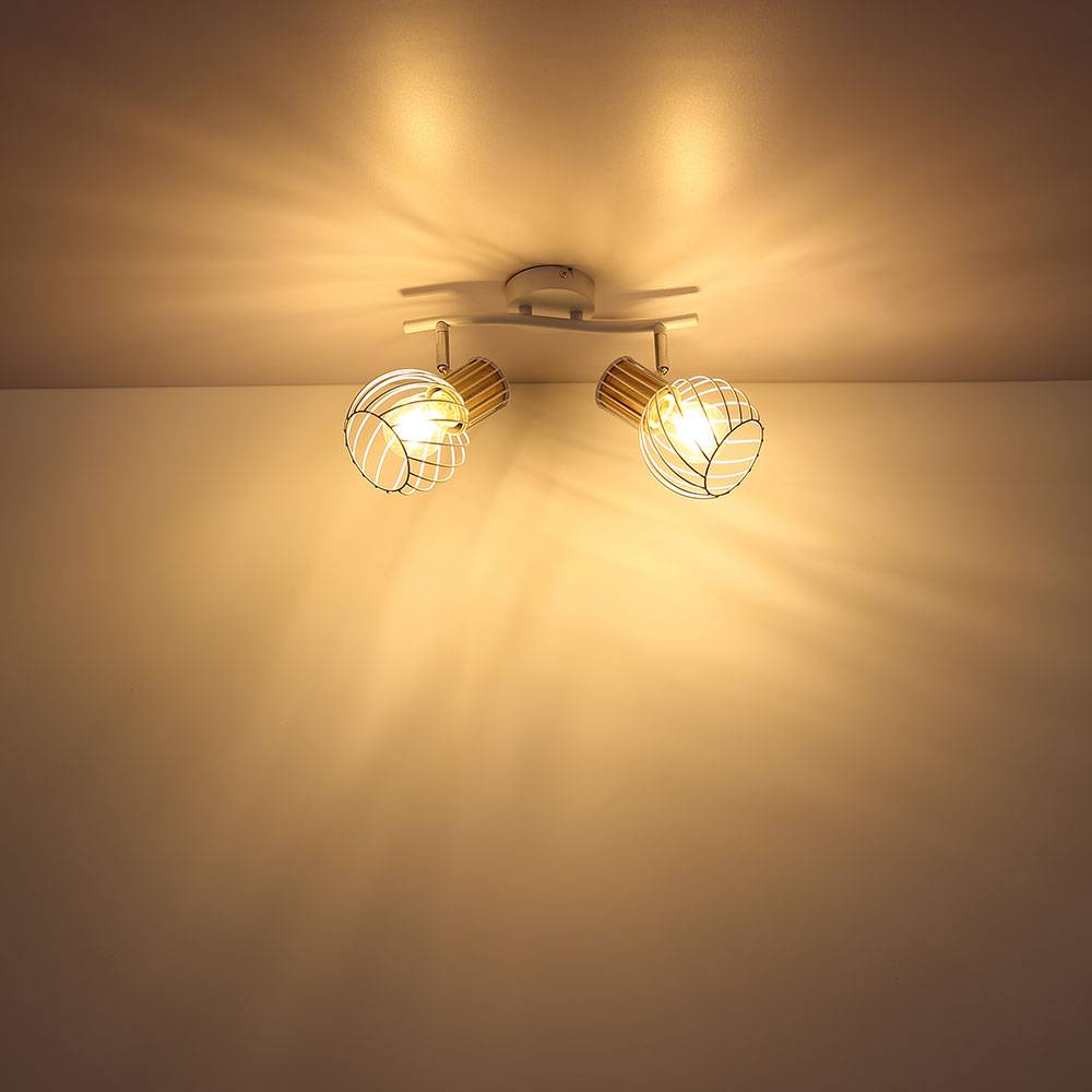 Deckenleuchte 2 Flammig Spotleuchte schwenkbar Deckenlampe Gitterschirme, Metall Holz, 2x E27 Fassungen, LxBxH 29,6x23x18,5 cm