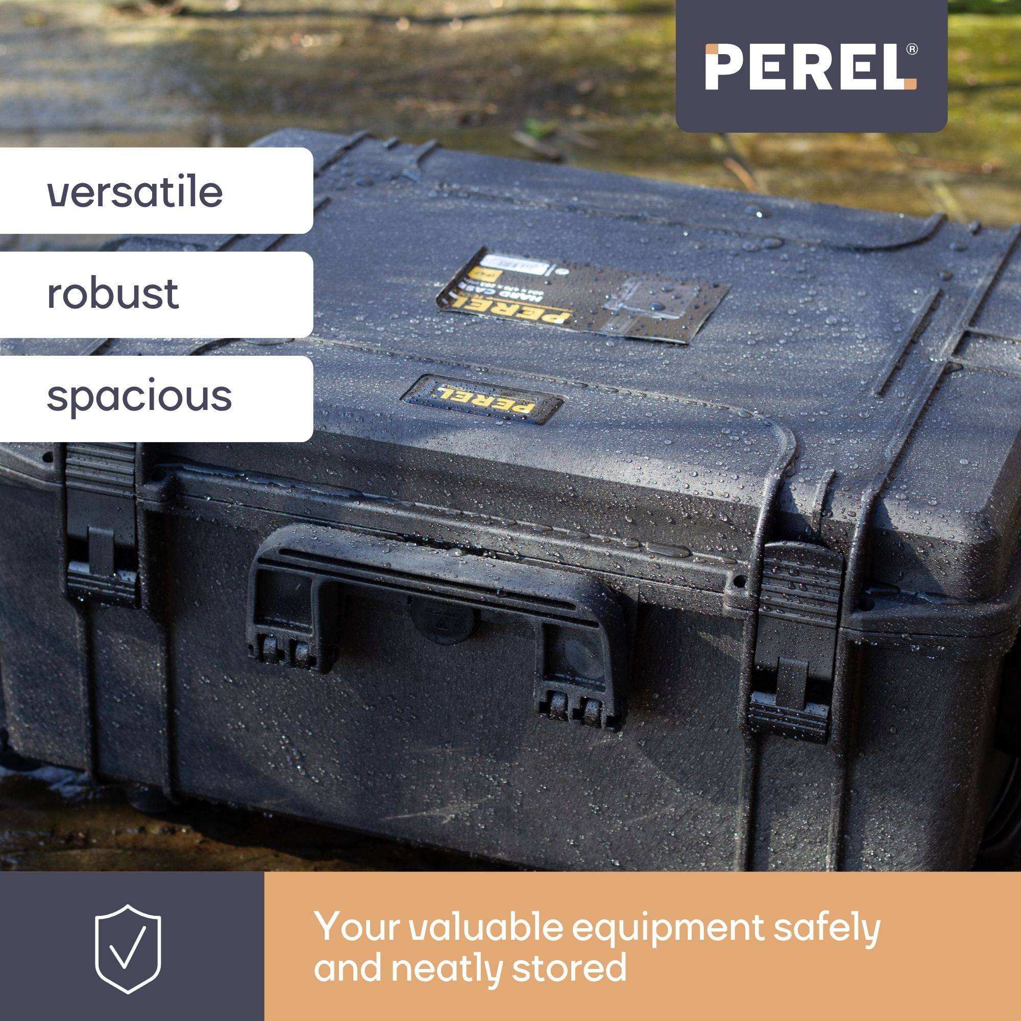 Perel Hartschalen-Koffer, Trolley-Funktion, wasserdicht (IP67), Noppenschaumstoff, Rasterschaumstoff, 4 Schlösser, Polypropylen, Schwarz, 604 x 473