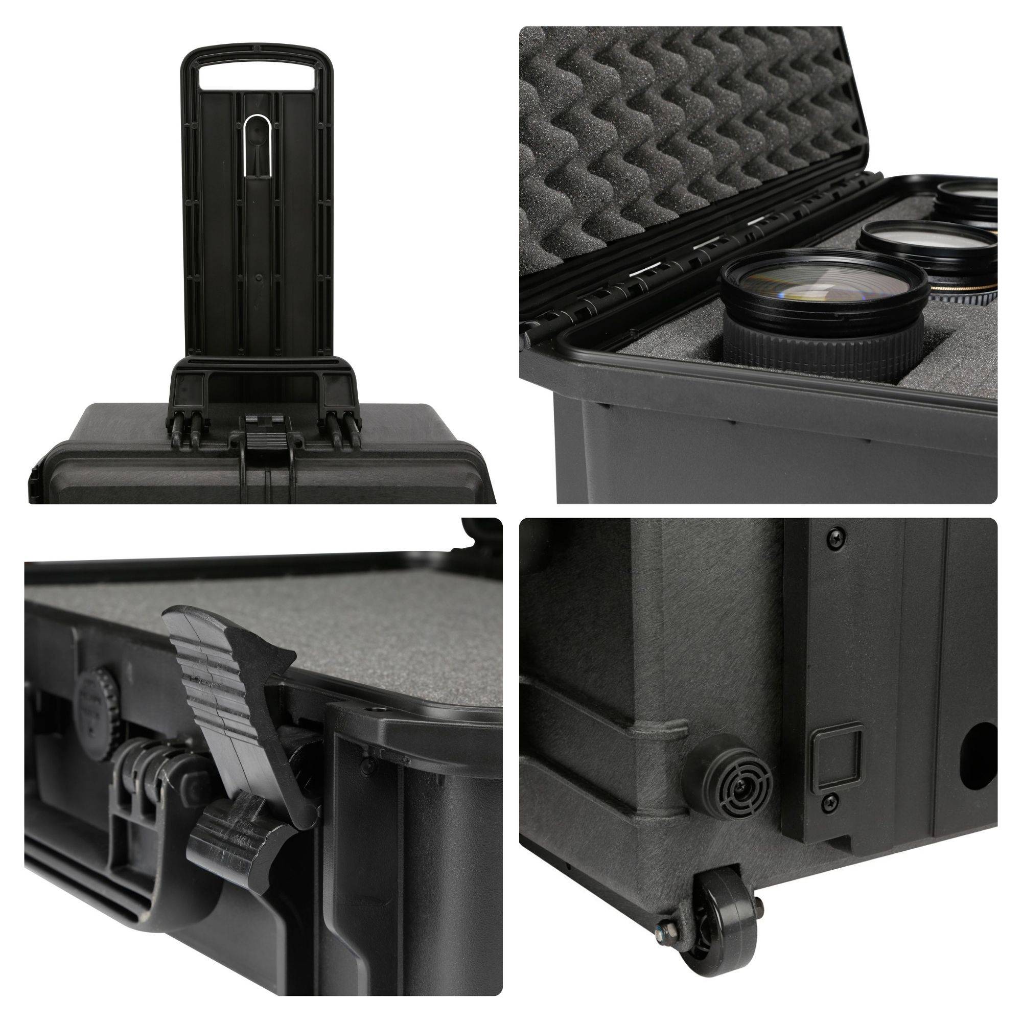 Perel Hartschalen-Koffer, Trolley-Funktion, wasserdicht (IP67), Noppenschaumstoff, Rasterschaumstoff, 4 Schlösser, Polypropylen, Schwarz, 604 x 473