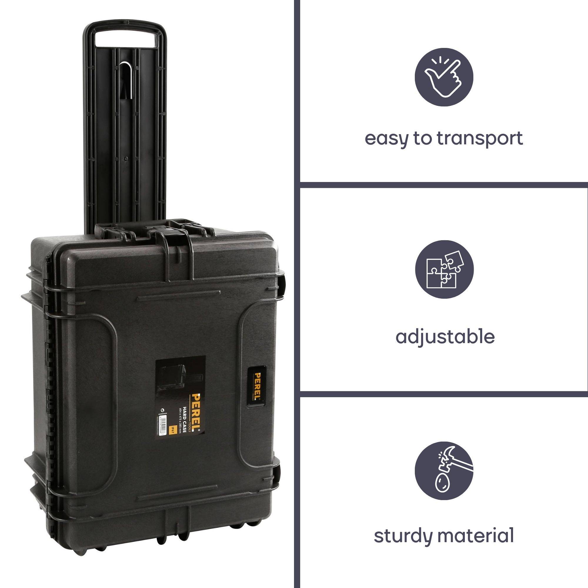 Perel Hartschalen-Koffer, Trolley-Funktion, wasserdicht (IP67), Noppenschaumstoff, Rasterschaumstoff, 4 Schlösser, Polypropylen, Schwarz, 604 x 473
