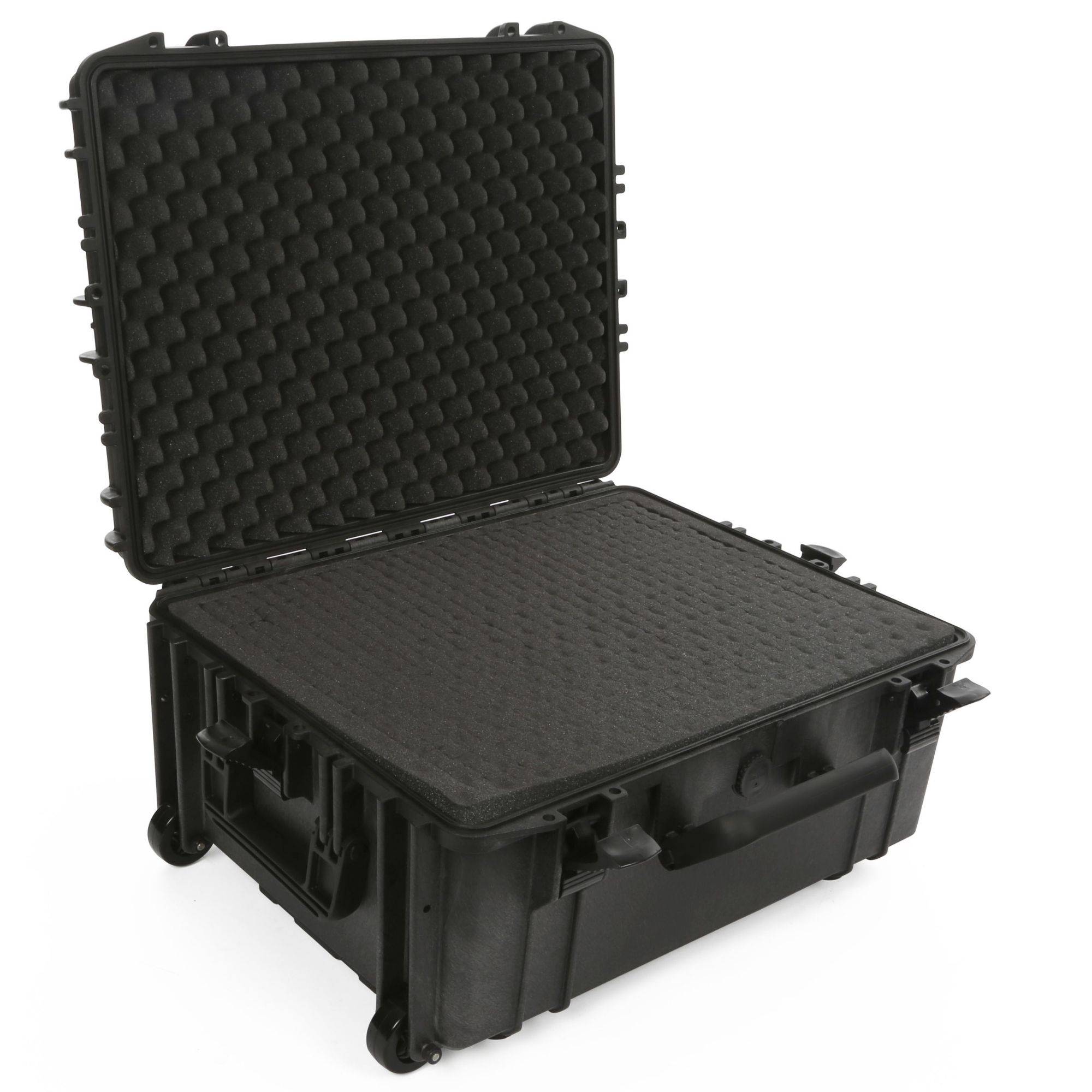 Perel Hartschalen-Koffer, Trolley-Funktion, wasserdicht (IP67), Noppenschaumstoff, Rasterschaumstoff, 4 Schlösser, Polypropylen, Schwarz, 604 x 473