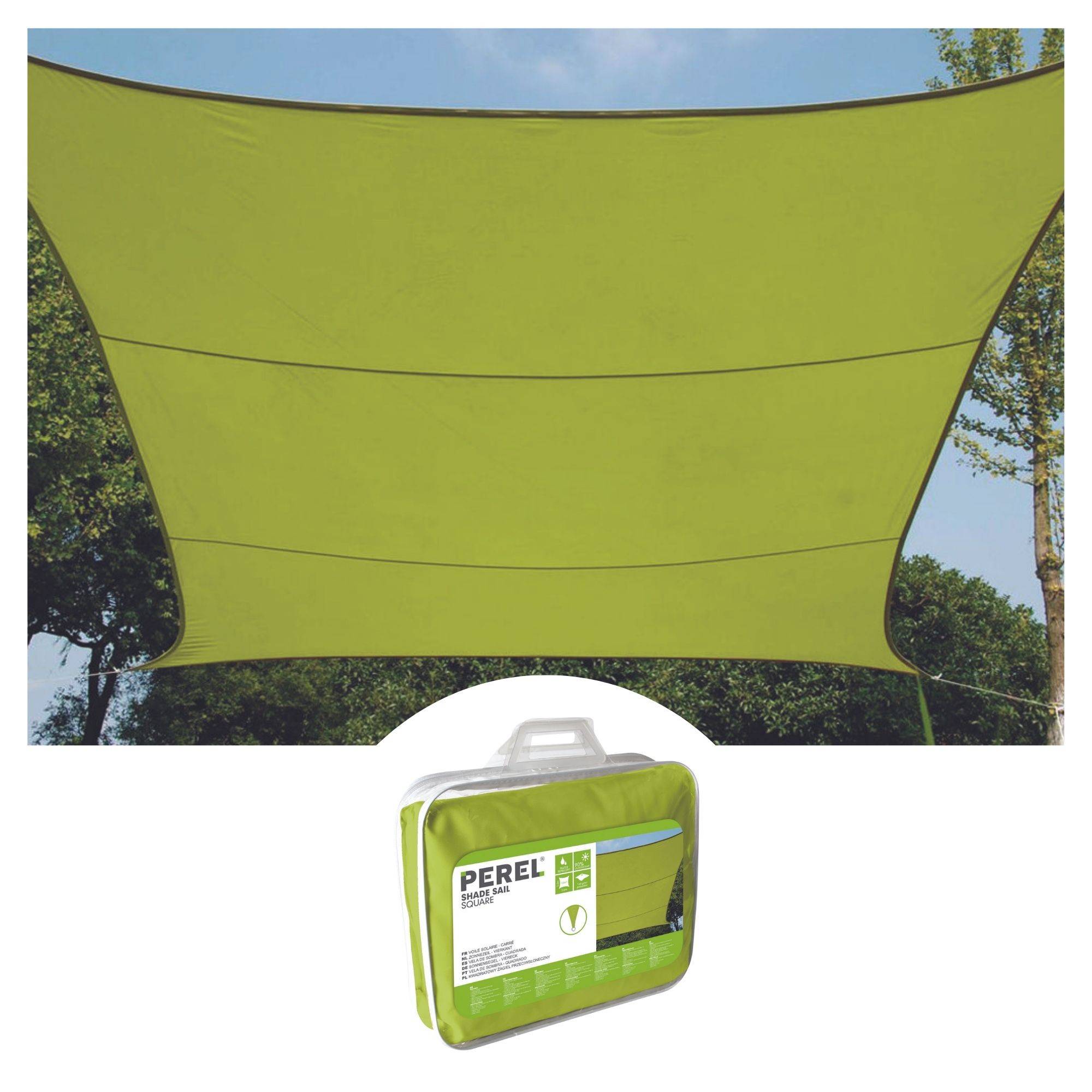 Perel Sonnensegel, wasserabweisend, 5 x 5 m, 160 g/m², Polyester, Quadrat, Limonengrün