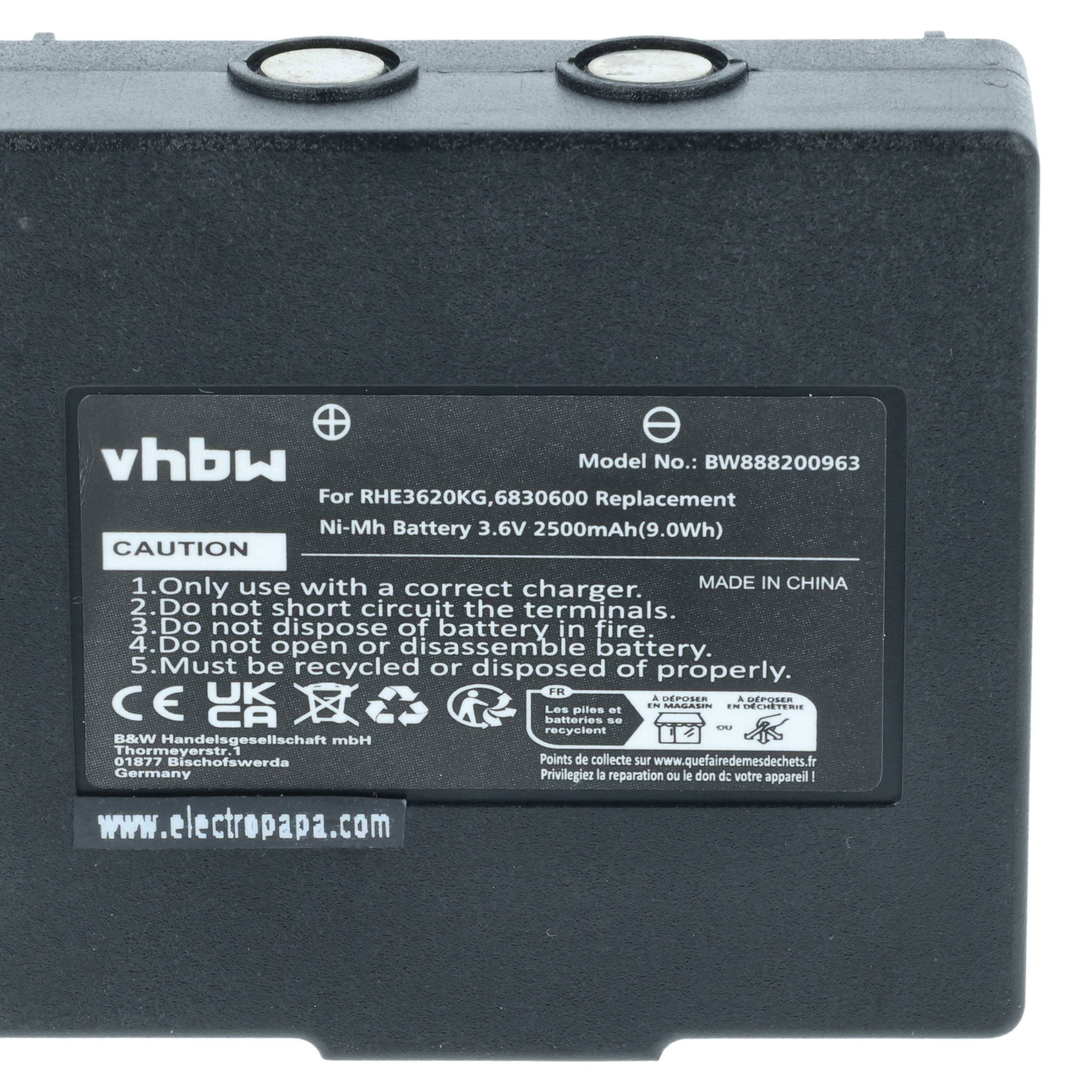 Ein schwarzer rechteckiger wiederaufladbarer Akkupack mit der Bezeichnung 'vhbw' für das Modell RHE3620KG, 3,6V, 2500mAh, mit auf dem Gehäuse aufgedruckten Sicherheitshinweisen.