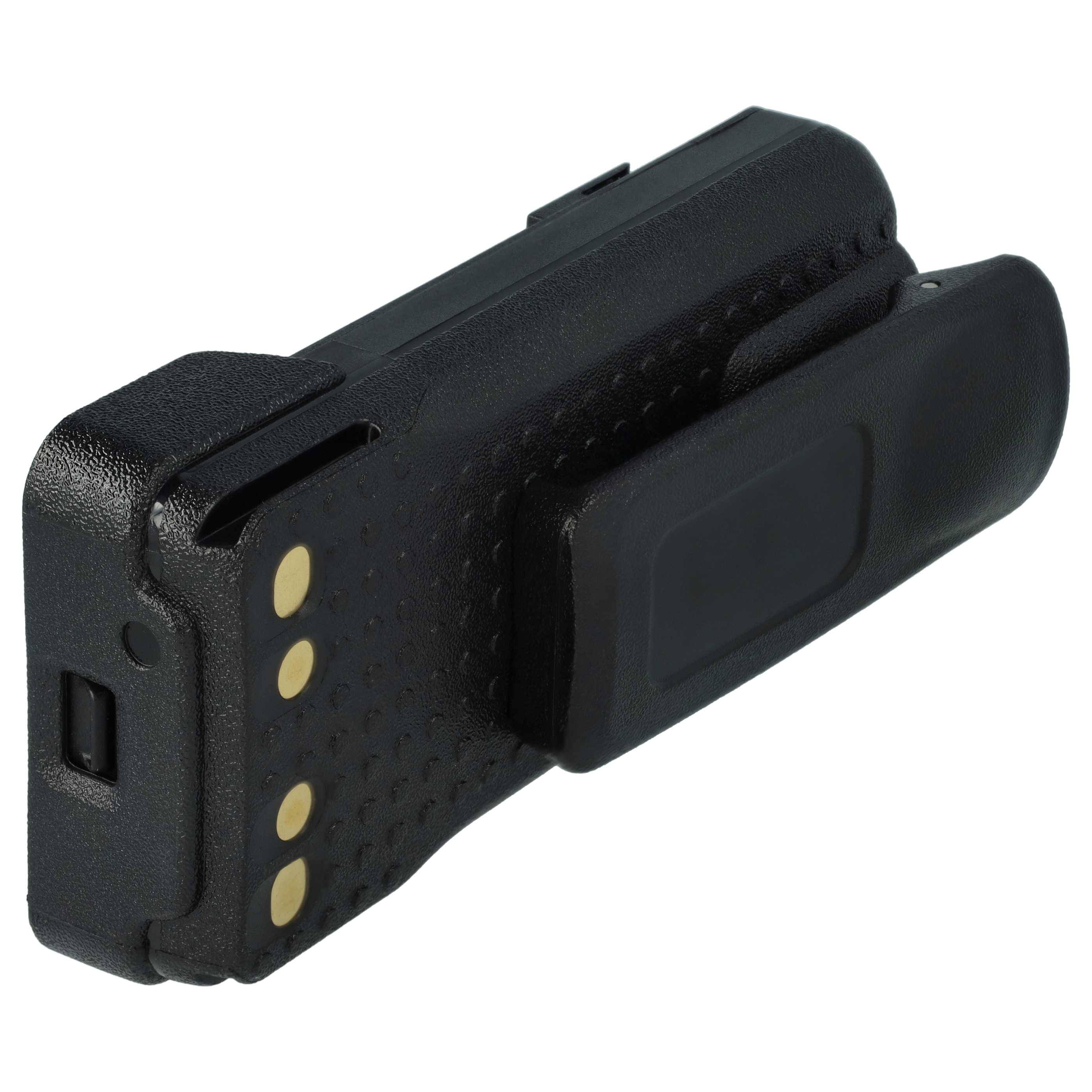 Ein schwarzer Pager mit einer Klammer und vier Goldkontaktpunkten an der Seite.