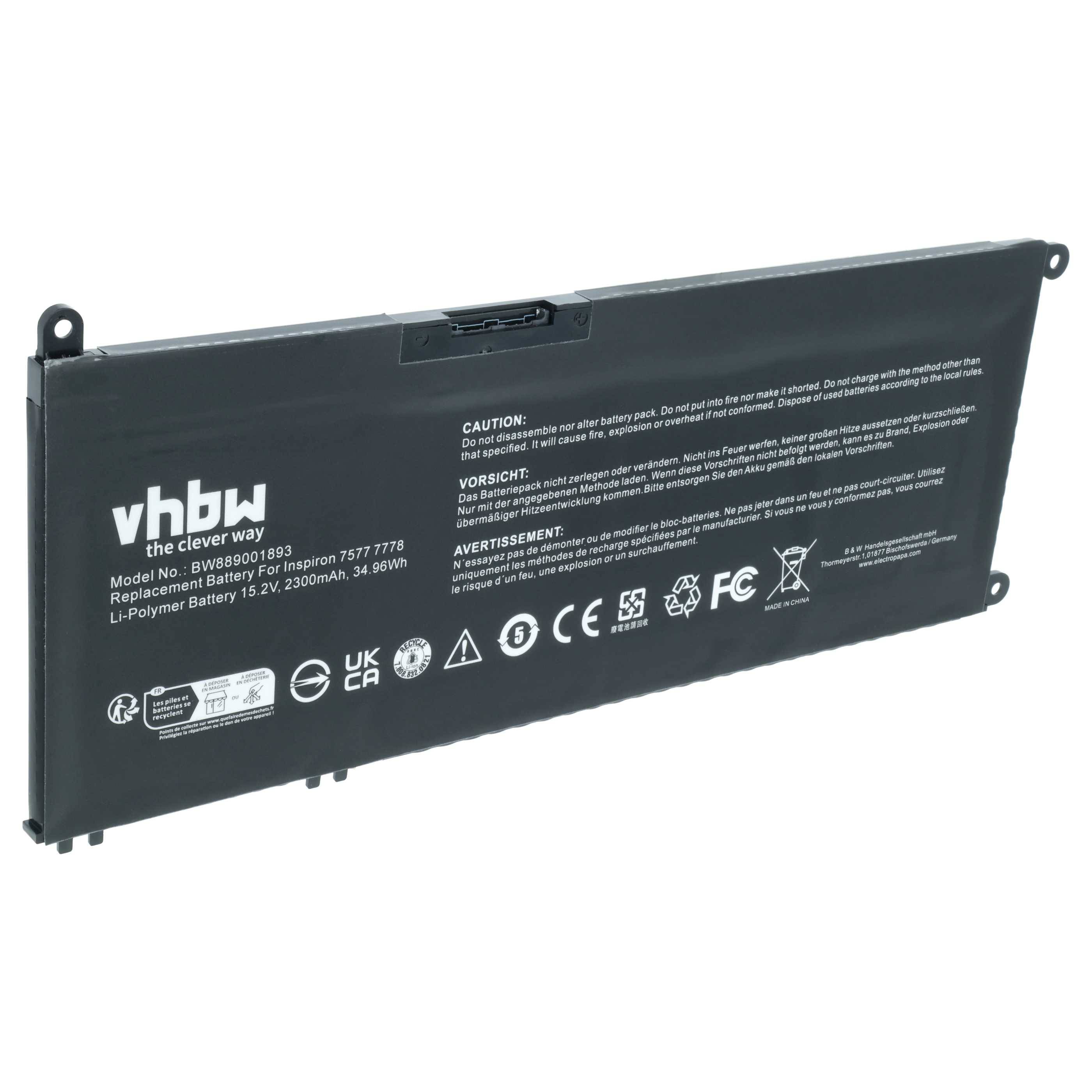 vhbw Akku kompatibel mit Dell G5 5587-D1745R, 5587-D1745B, 5587-D1765B, 5587-D1545B, 15 5587 Notebook (2300 mAh, 15,2 V, Li-Polymer)