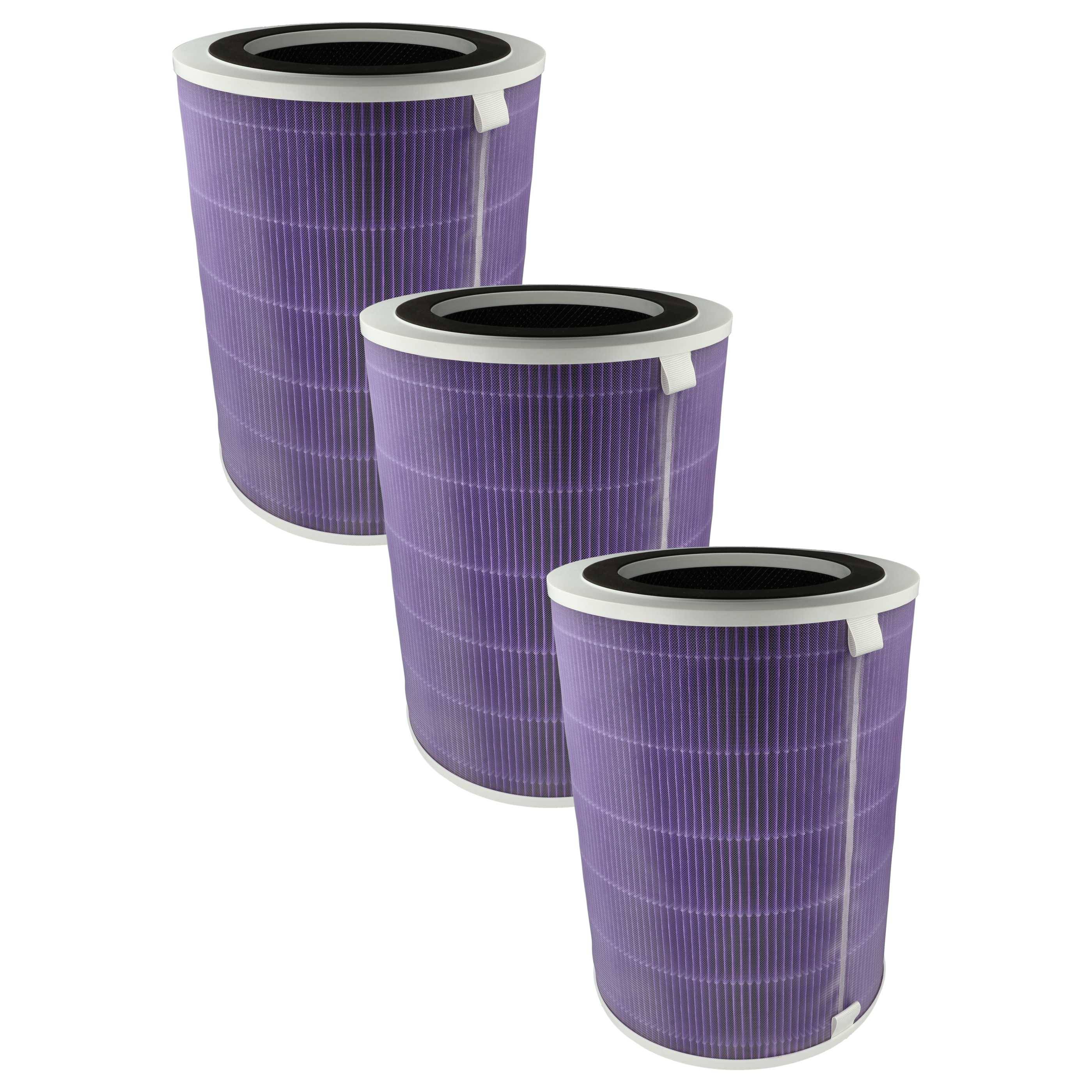 Drei zylindrische violette Luftfilter mit weißer Verzierung sind in einer gestaffelten Anordnung gleichmäßig verteilt und zeigen ein modernes Design.