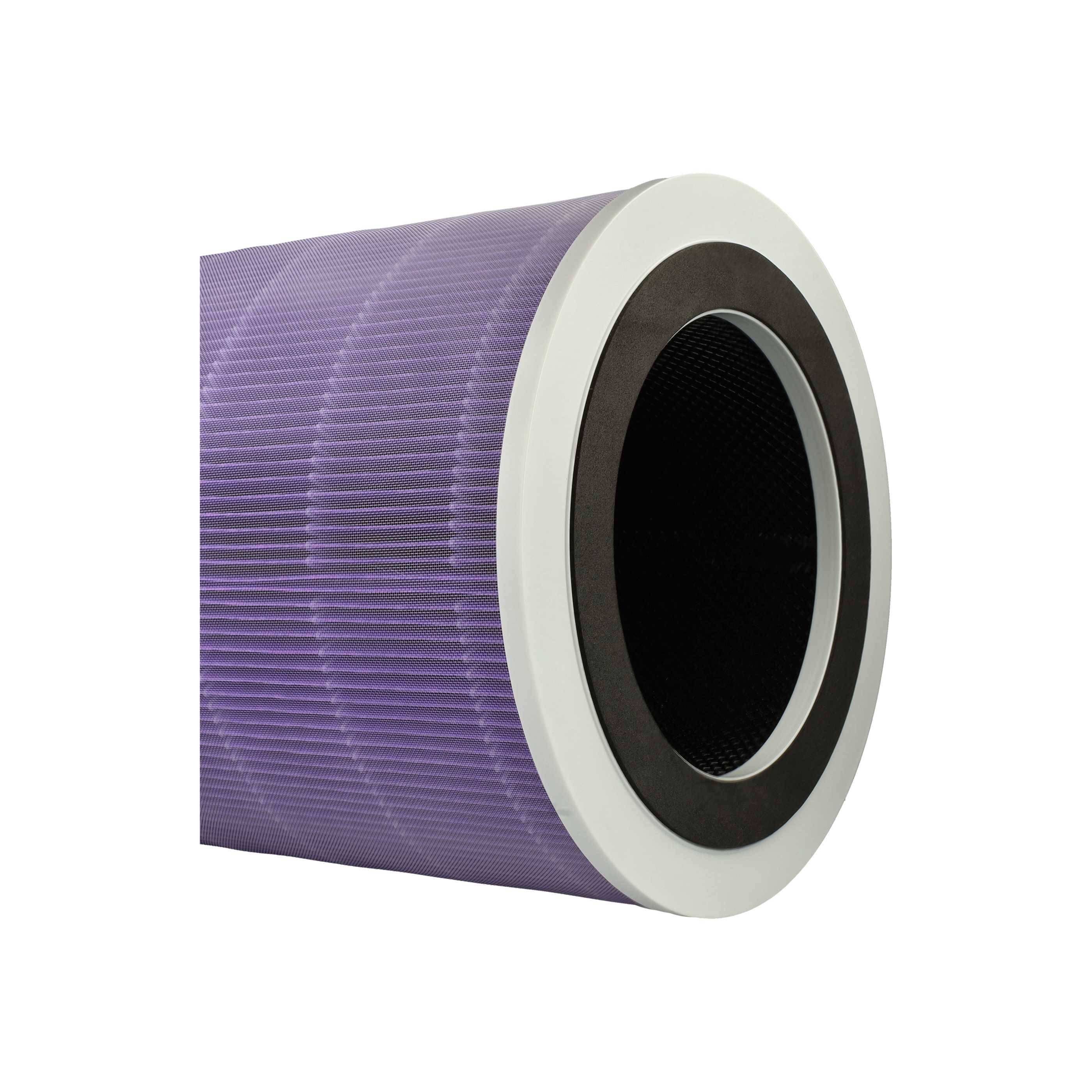 Violetter zylindrischer Luftfilter mit schwarzem Innenring und weißer Außenkante, entwickelt zur Luftreinigung durch Einfangen von Staub und Allergenen.
