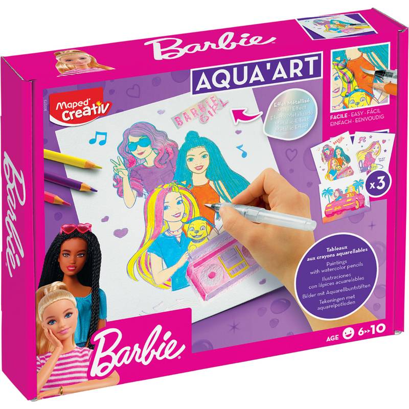 Farbenfrohe Verpackung für 'Barbie Aqua'Art' von Mapped Creativ, die eine Hand zeigt, die eine lebendige Barbie-thematische Illustration ausmalt. Für Kinder von 6-10 Jahren.