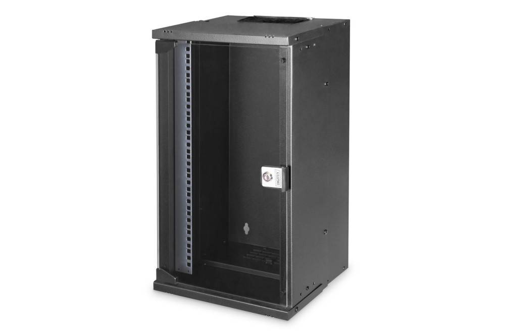 Ein schwarzes Metall-Serverrack-Gehäuse mit einer abschließbaren Tür und belüfteten Seitenpaneelen, konzipiert für die Unterbringung von Netzwerk- und elektronischen Geräten.