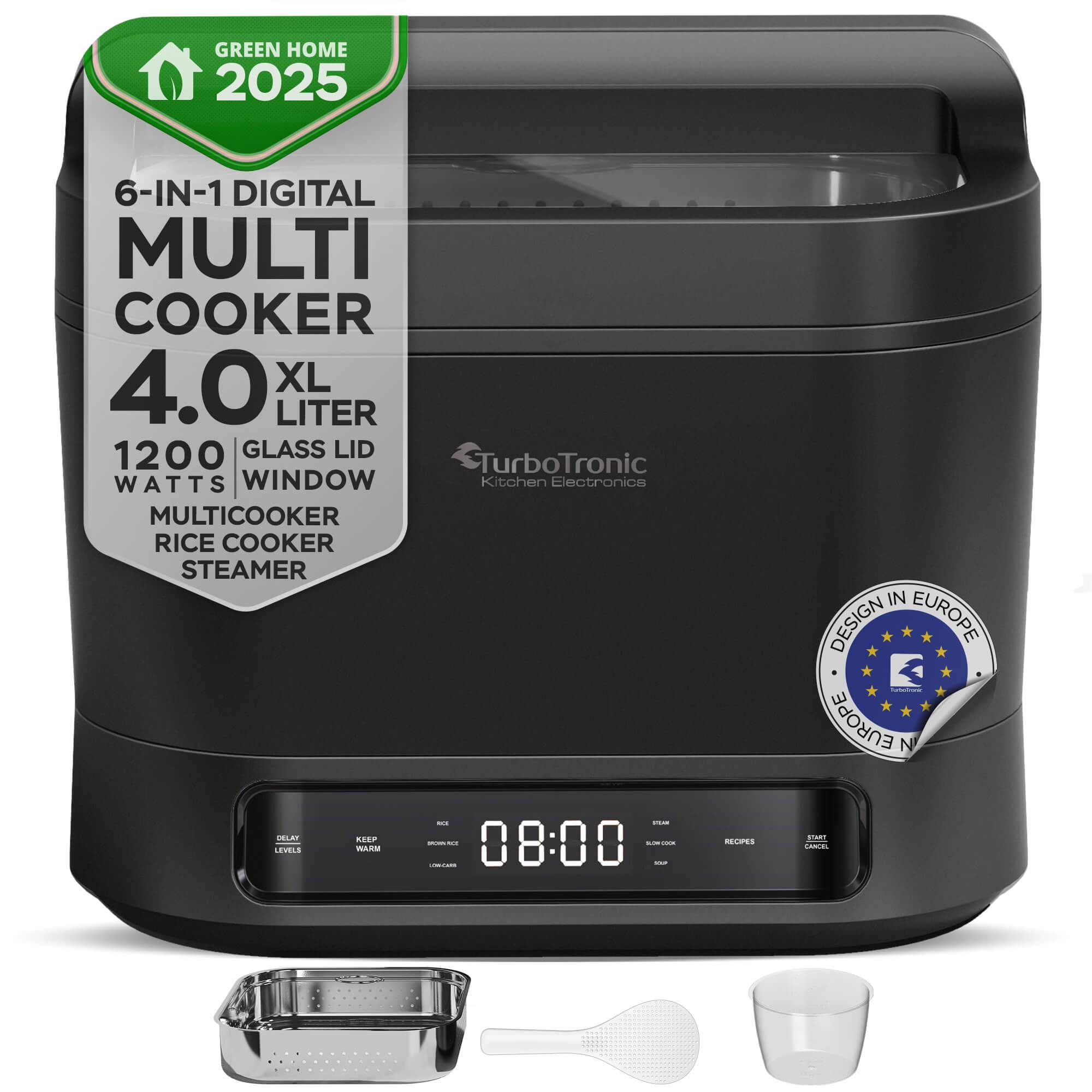 TurboTronic Elektrischer Multikocher Neues Modell 2024 4L Schwarz Dampfkocher, Reiskocher, Slow-Cooker, Küchenmaschine, 1200W, Timer, Multivarka