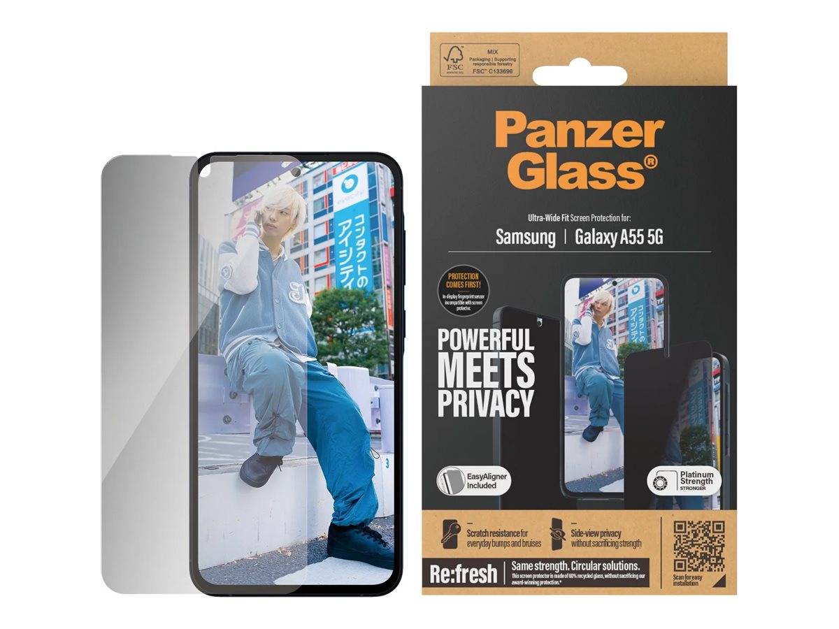 PanzerGlass Datenschutz-Displayschutzfolie Verpackung für Samsung Galaxy A55 5G, neben einem Telefon gezeigt, das den getönten Datenschutzeffekt und Produktmerkmale anzeigt.