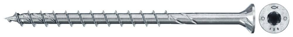 Nahaufnahme eines glänzenden Metallschraubes mit einer scharfen, spitzen Spitze und einem gerillten Gewinde, der zum Befestigen von Materialien verwendet wird.