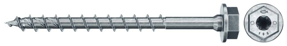 Eine Nahaufnahme einer silbernen Schraube mit einem scharfen, groben Gewinde zum Befestigen.