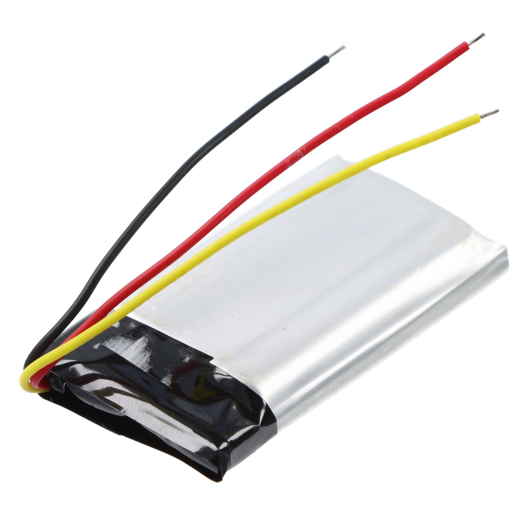 Lithium-Polymer-Batterie mit drei angebrachten Drähten: schwarz, rot und gelb.