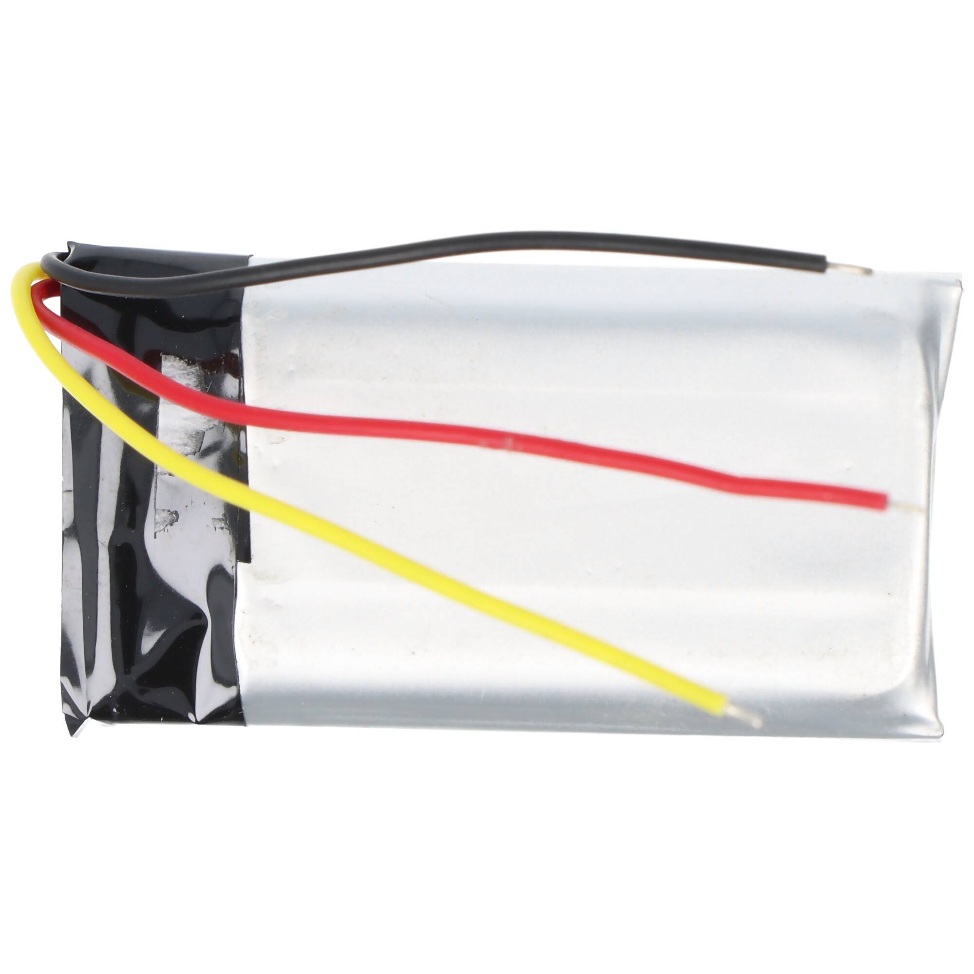 Kleine verpackte Batterie mit drei Drähten: schwarz, rot und gelb.