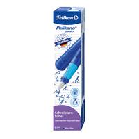 Schachtel mit Pelikan Schreiblern-Füller Anfänger-Füllhalter, weiße und blaue Verpackung mit einer Stiftabbildung.