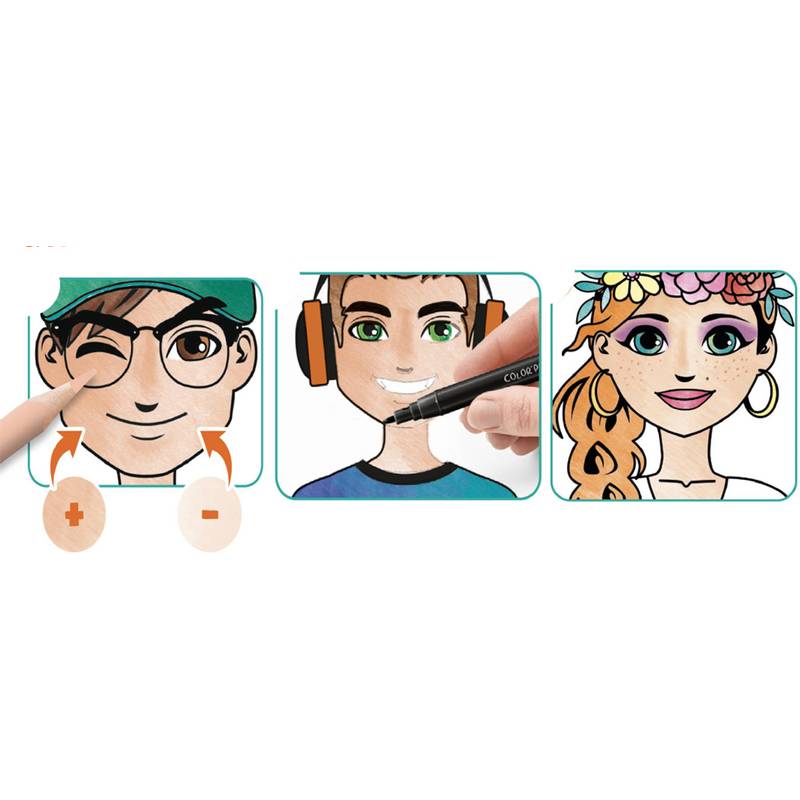 Drei illustrierte Gesichter: Das erste mit Brille und Baseballkappe, Pfeile deuten Ausdrucksveränderung an; das zweite mit Kopfhörern, Stift fügt Details hinzu; das dritte mit Ohrringen und Blumenhaarband.