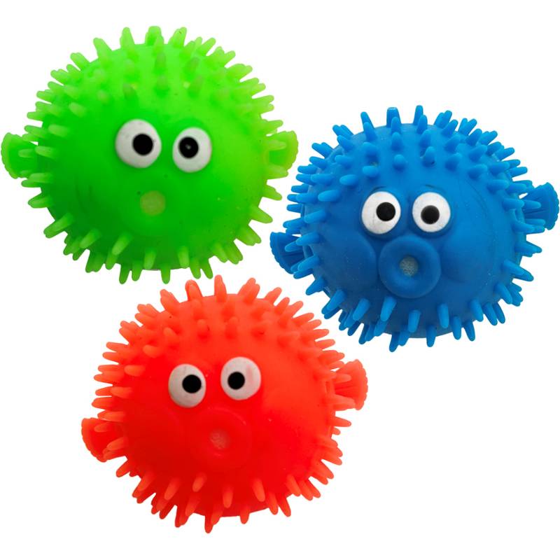 Drei stachelige Gummibälle mit Wackelaugen; einer grün, einer blau und einer rot. Jeder Ball hat eine verspielt-comichafte Erscheinung.