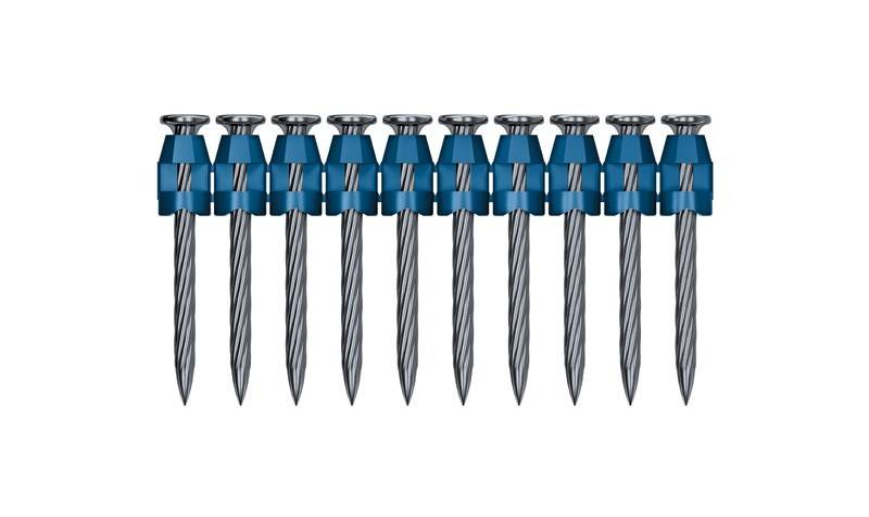 Eine Reihe identischer, verdrehter Metallnägel mit blauen Plastikkragen, wahrscheinlich für den Einsatz in einem Bau- oder Zimmereibereich.