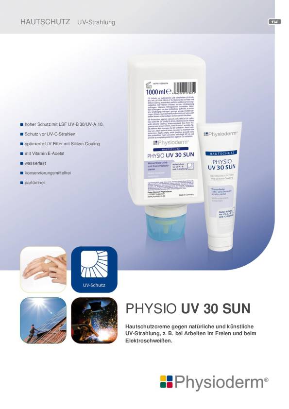 Hautschutzcreme PHYSIO UV 30 SUN 100ml UV 30 SUN Tube PHYSIODERM