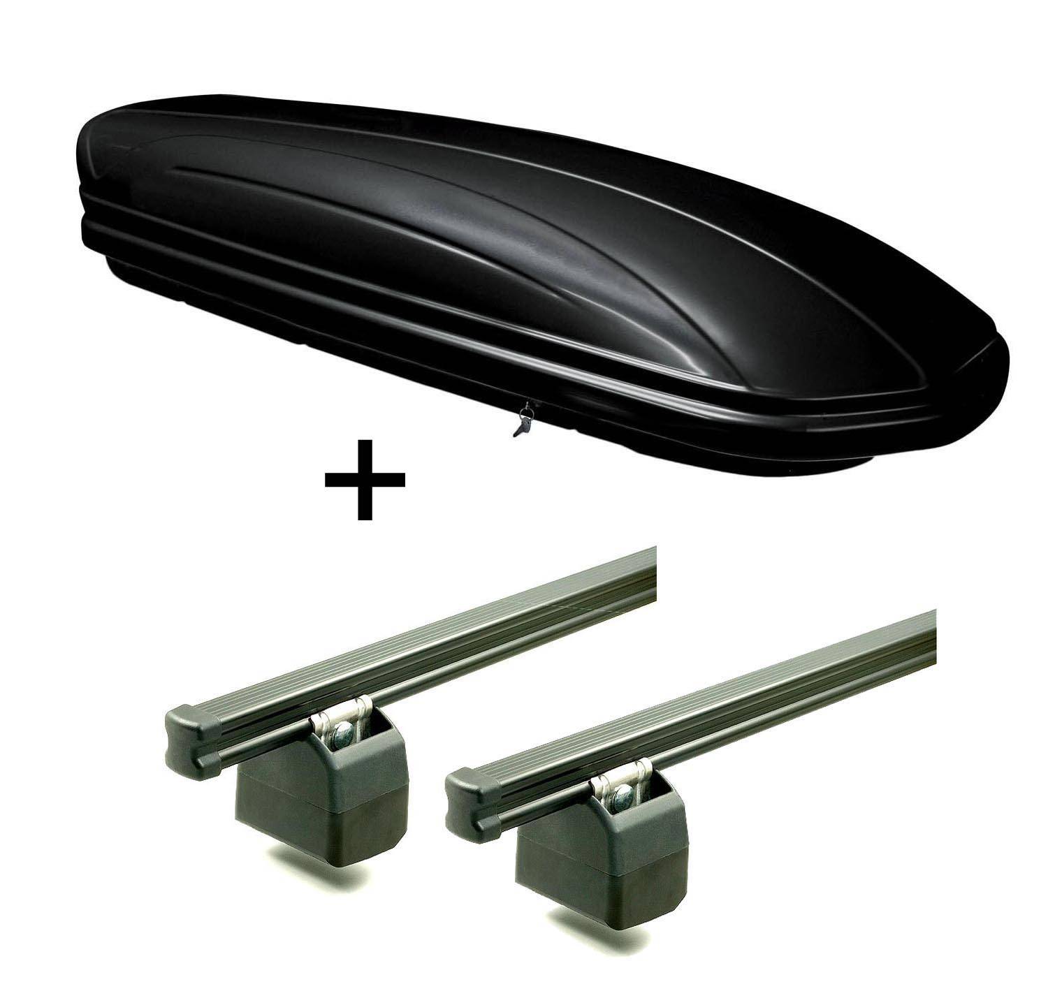 Eine schwarze Dachbox gepaart mit zwei silbernen Dachträgerstangen für Fahrzeuge.