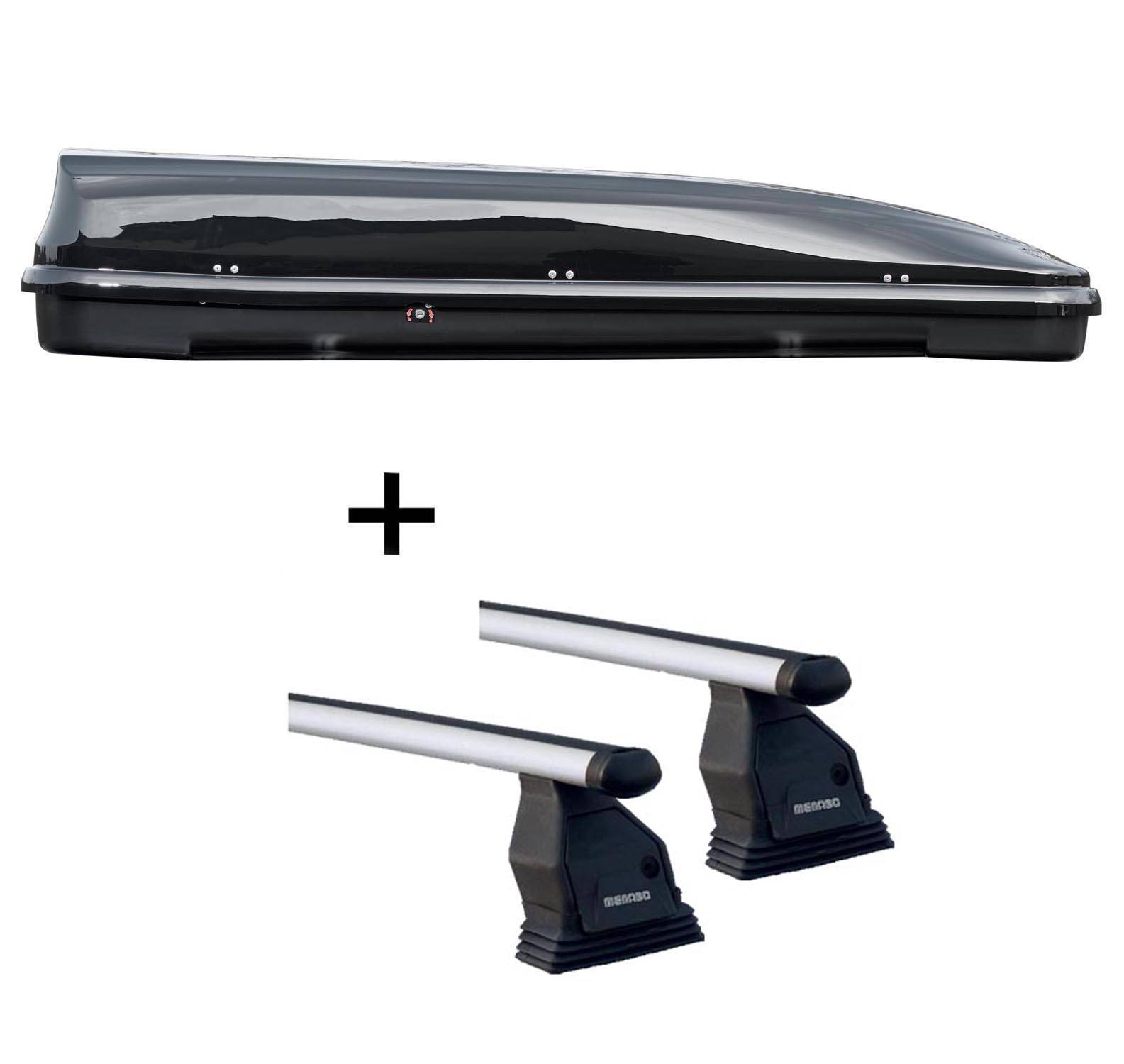 Dachbox VDPFL460 schwarz glänzend 460 Ltr + Aluminium Dachträger Menabo Tema kompatibel mit für Fiat Doblo (Hochdachkombi 5 Türer) ab 2015