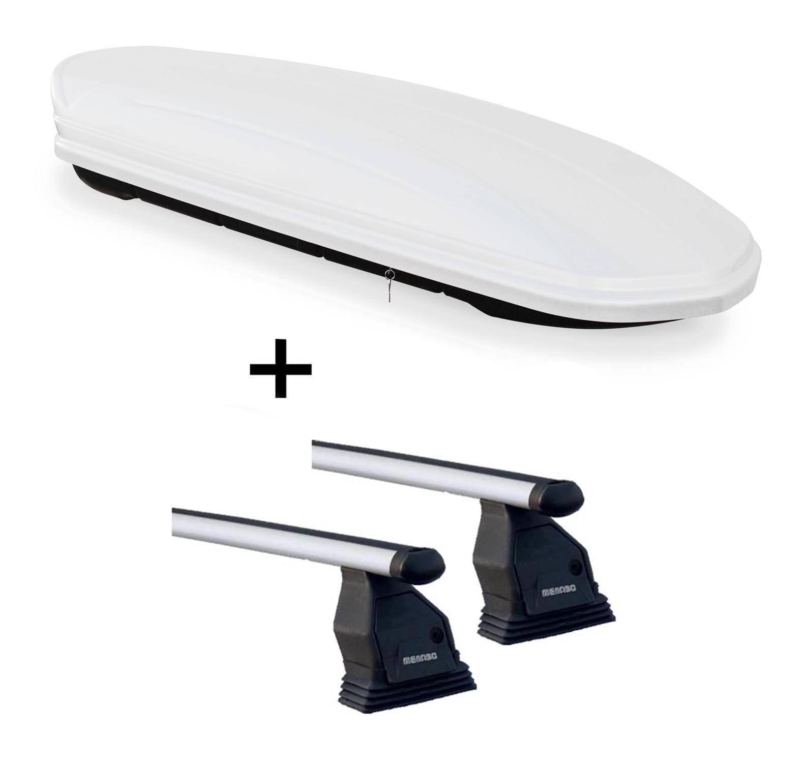 Dachbox VDPMAA460 weiss abschließbar 460Ltr + Dachträger Menabo Tema kompatibel mit für Mitsubishi ASX ohne Reling Aluminium