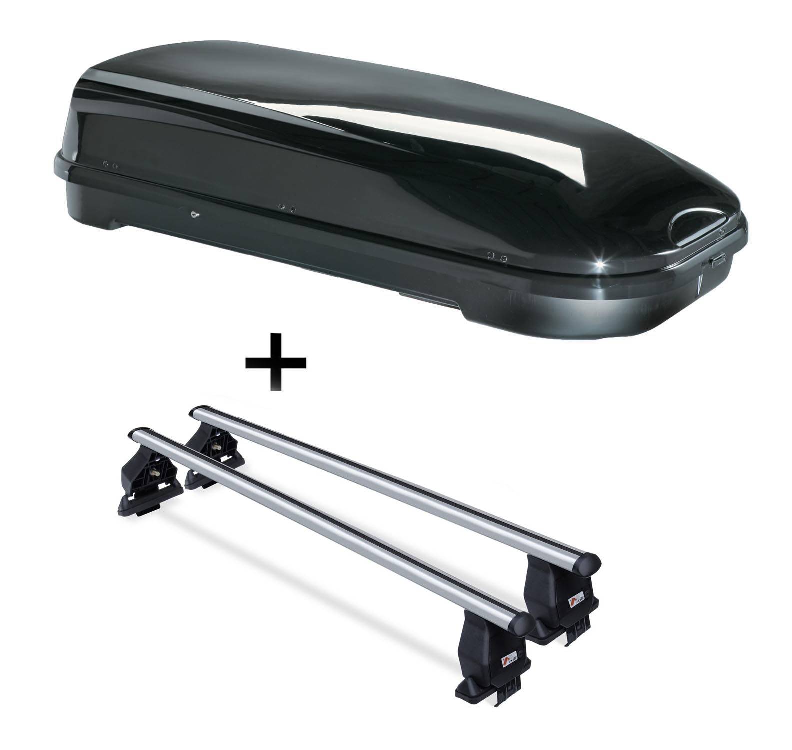 Dachbox VDPFL580 schwarz glänzend 580 Ltr + Dachträger Menabo Tema kompatibel mit für Fiat Punto III (Schrägheck 3 Türer) ab 2012 Aluminium