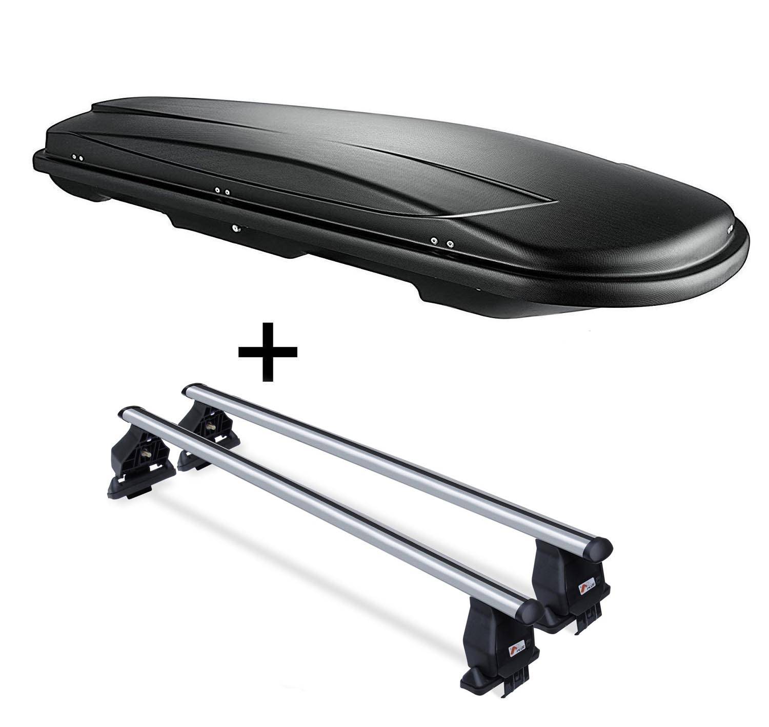 Dachbox VDPJUXT600 abschließbar 600 Ltr + Aluminium Dachträger Menabo Tema kompatibel mit für Mitsubishi Triton V (Pick Up 4 Türer) ab 2016