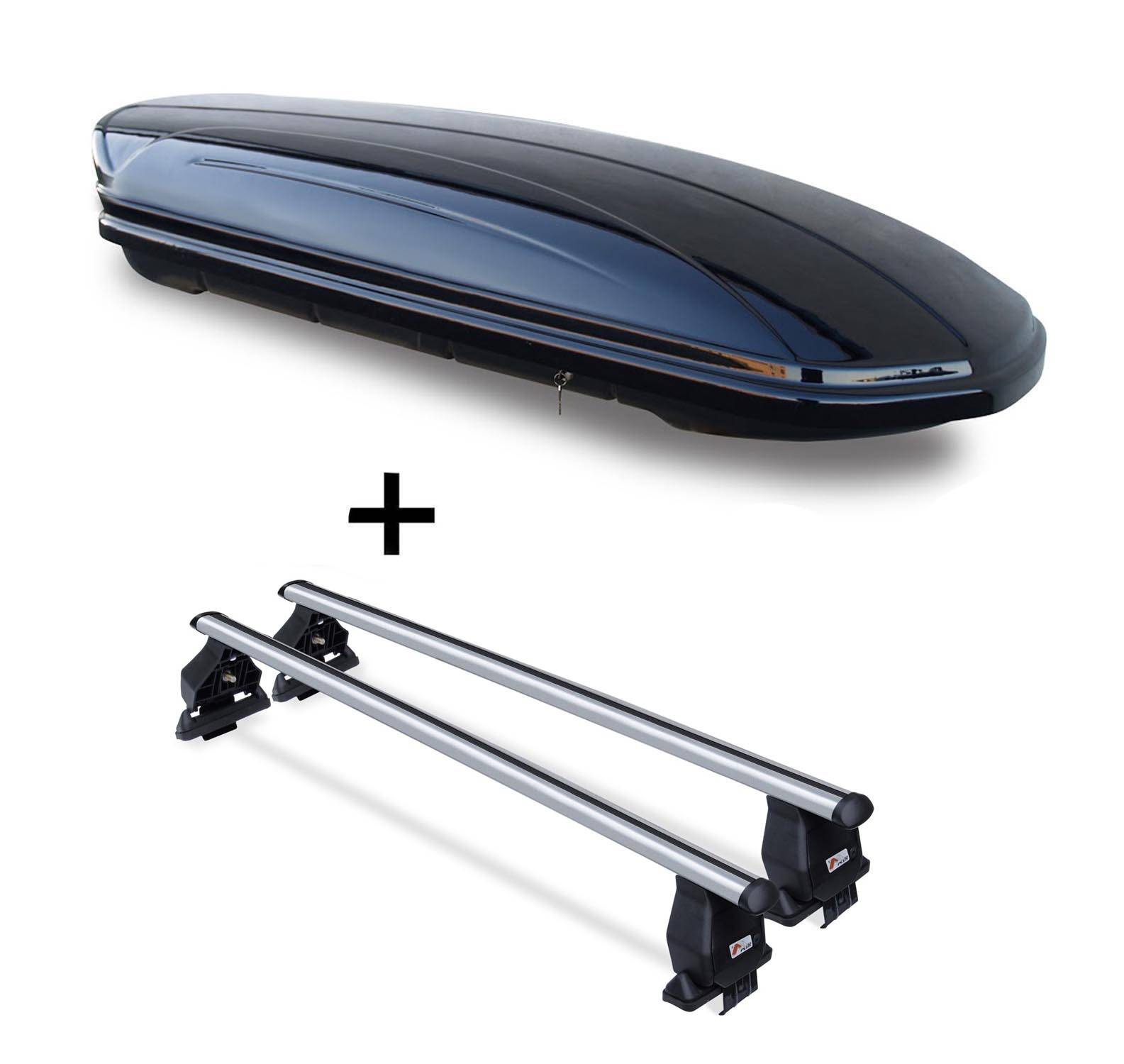 Dachbox VDPMAA580 580Ltr abschließbar schwarz + Dachträger Menabo TEMA kompatibel mit für Suzuki Baleno (5 Türer) ab 2015 Aluminium