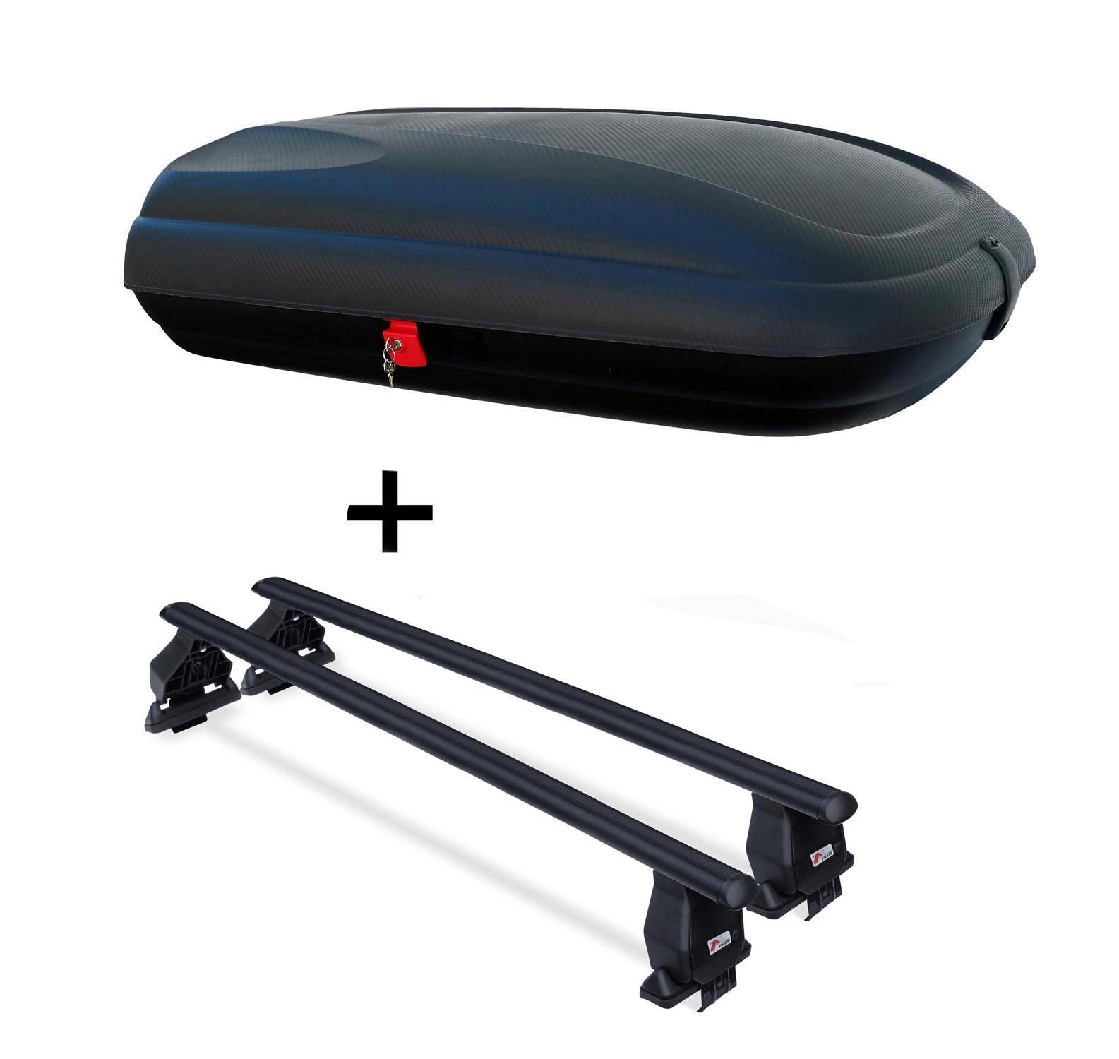 Dachbox VDPBA320 320 Ltr Carbonlook abschließbar + Dachträger Menabo Tema kompatibel mit für Renault Laguna III (5Türer) ab 2007 Stahl
